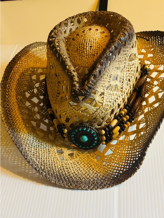 Saddleback Accessories - Beaded Straw Cowgirl Hat with Turquoise Concho - Tan/Brown
